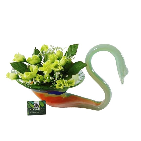 Art Glass Swan Hand Blown Bowl Floral Candy Dish Centerpiece Artisan Made - Picture 9 of 9